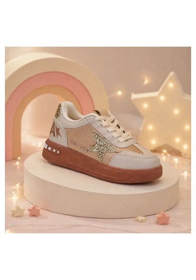 Zacoz Kız Çocuk Simli Yıldız Detaylı Bağcıklı Günlük Sneaker Spor Ayakkabı Bej