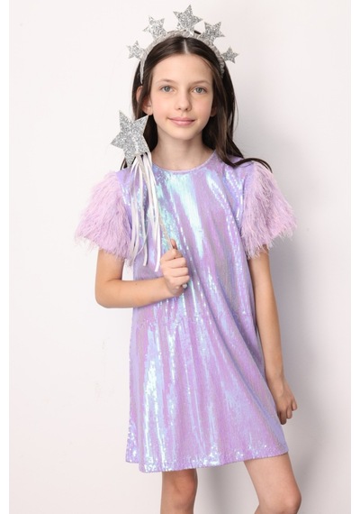 Le Mabelle Lila Kolları Püsküllü Pullu Kız Çocuk Elbise - Delit Lila