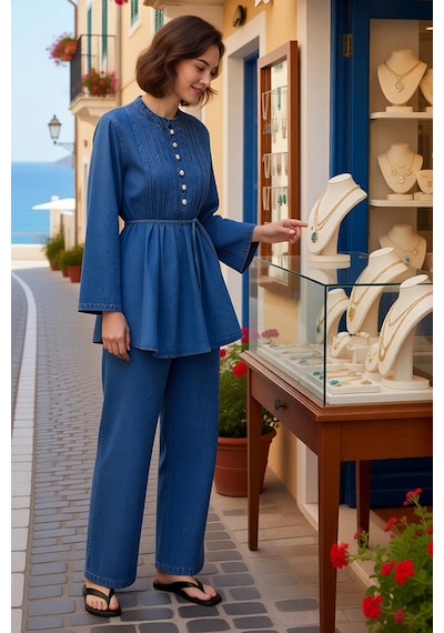 Benerly Kadın Büyük Beden Düğmeli Gömlek Kesim Denim Tunik Uzun Kol Stand Mavi