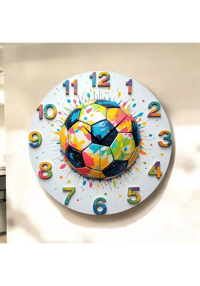 AA Shop Futbol Top Renkli Baskı Desenli Sayılı Hediyelik Ahşap Sessiz Tablo Duvar Saati 93 Renkli