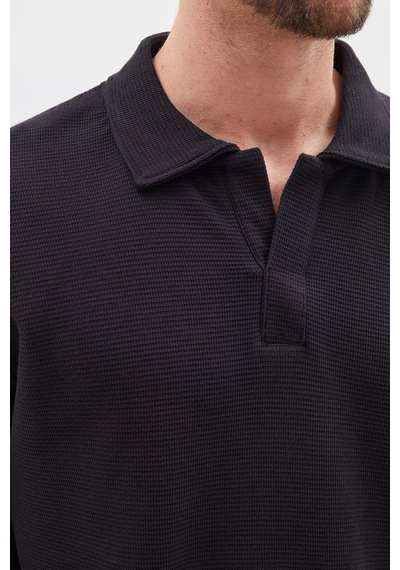 Fullamoda Petek Kumaş Apaş Yaka Regular Sweatshirt Siyah