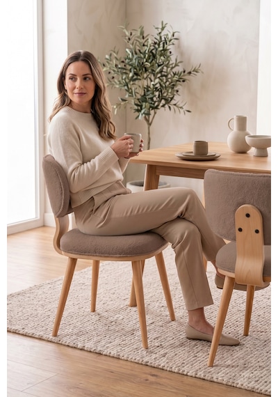 Valey Serisi 1.sınıf Doğal Ahşap İskelet 2 Adet Cappucino Bukle Kumaş Mutfak Sandalyesi Cappucino Sandalye Doğal Ahşap İskelet