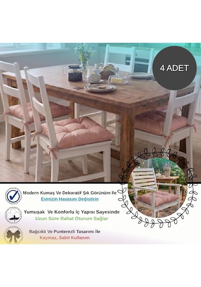 4 Adet - 40x40 Cm Lüks Süet Dokulu Gül Kurusu Sandalye Minderi - %100 Silikon Elyaf Dolgulu Yıkanabilir Minder