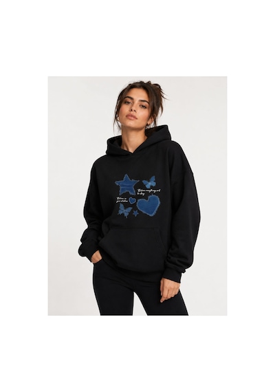 Herkesemoda Kot Efektli Baskılı Kapüşonlu 2 İplik Şardonlu Sweatshirt Siyah
