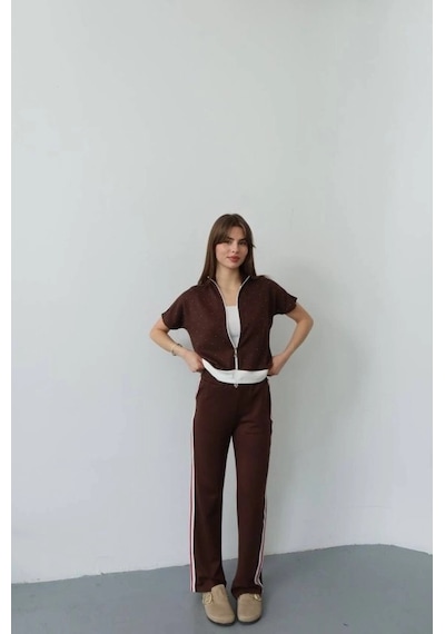 Valensdesign Kadın Fermuarlı Taş Ve Şerit Detaylı Ikili Takım Kahverengi