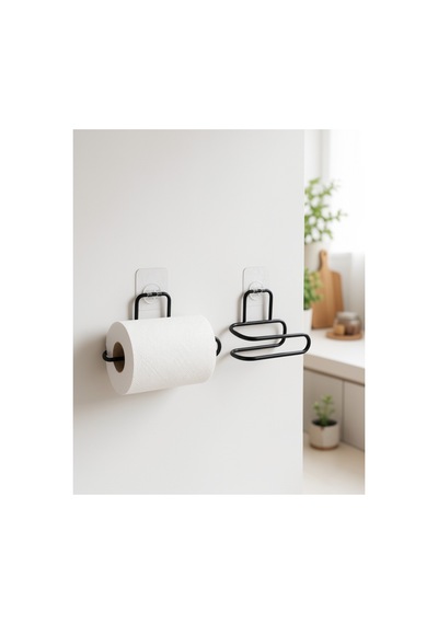 2 Li Siyah Metal Rulo Kağıt Tutucu Yapışkanlı Banyo Ve Mutfak Kağıtlık Belirtilmemiş Belirtilmemiş