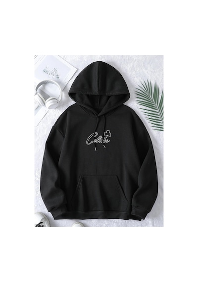 Tarzsokak Boston Renkli Baskılı Oversize Kapüşonlu Sweatshirt Siyah