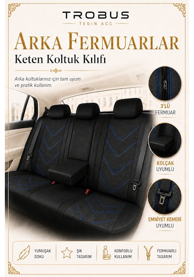 Renault Fluence 2010 Sonrası Uyumlu Leosport Serisi Siyah Mavi Ortopedik Keten Koltuk Kılıfı