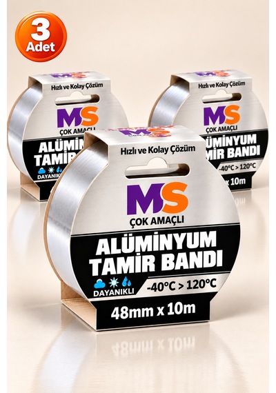3 Adet Yapışkanlı Yanmaz Alüminyum Folyo Tamir Bandı 48 Mm X 10 Metre Dayanıklı Soba Borusu Bantı