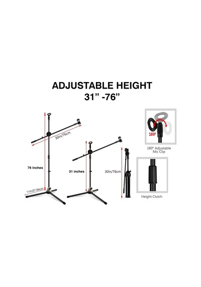 Coverzone 180cm Maksimum Uzunluk Mikrofon Standı Multi Fonksiyonel 2in1 Microphone Katlanabilir Açısı Ayarlanabilir Zemin Üstü - Model 103 1