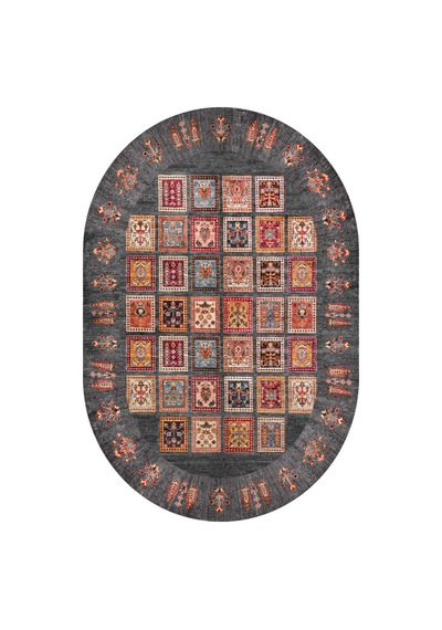 Frenda Home Binbirgece Pamuk Taban Yıkanabilir Dijital Baskılı Oval Halı Gri