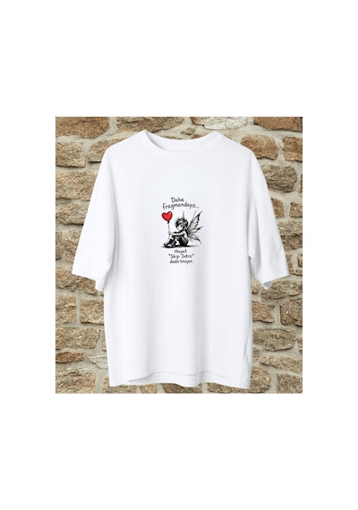 Qmen Style Unisex Beyaz Oversize Baskılı T-shirt Espirili Fragman Baskılı %100 Pamuk