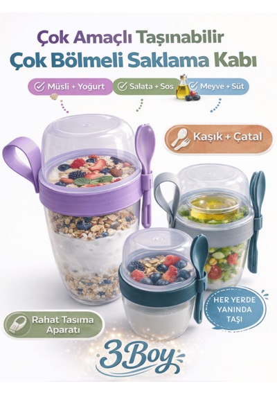 Beylini 3 Lü Set Taşınabilir Kaşık+çatal Kapaklı Yoğurt Müsli Granola Yemek Diyet Saklama Kabı Take And Go Bardak Kahvaltı Salata Hazırla Çık Çok renkli