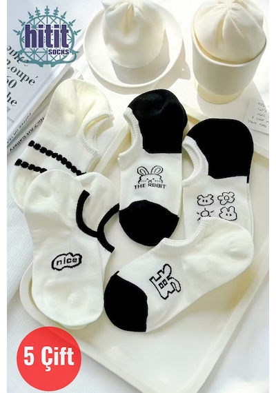 Hitit Socks Kadın 5 Çift Premium Karikatür Ve Harf Desenli Yüksek Pamuklu Görünmez Babet Çorap Çok Renkli