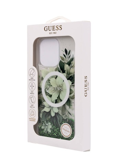 Apple iPhone 16 Pro Max Uyumlu Kılıf Guess Lisanslı Magsafe Özellik Sıvılı Simli Çiçek Desen Yeşil