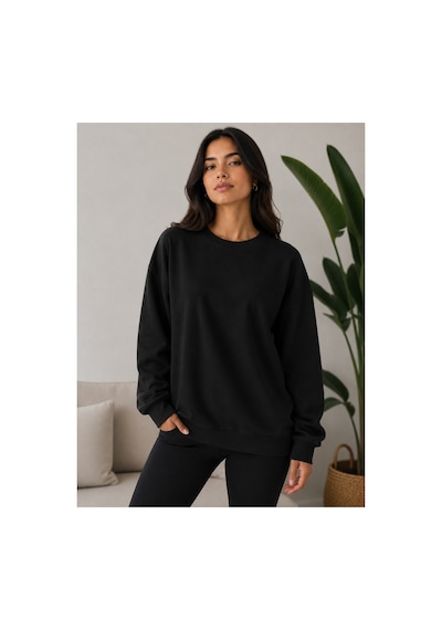 Herkesemoda Mevsimlik Bisiklet Yaka Sweatshirt Siyah