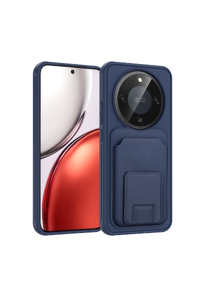 Honor Magic 8 Lite 5g Kılıf Arka Yüzey Kartlıklı Deri Doku Premium Silikon Standlı Özelliği Kapak Lacivert