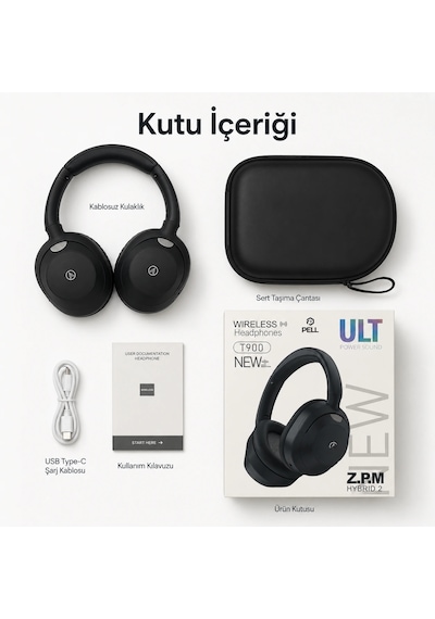PELL T900 ANC Kablosuz Bluetooth 5.3 Kulak Üstü Kulaklık, Aktif Gürültü Engelleyici Kulaklık - Siyah