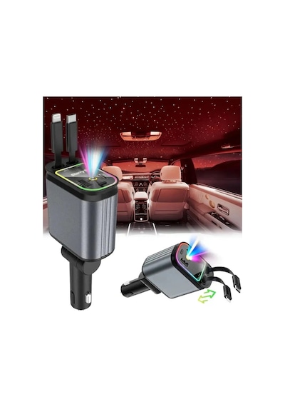 Acl Acc-01 Rgb Işıklı 66w Araç Şarj Cihazı 4in1 Geri Çekilebilir Kablo Type-c + Lightning Yıld