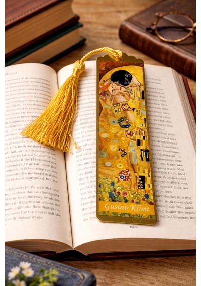 Sanatsal Tablo Temalı Metal Kitap Ayracı Gustav Klimt Öpücük