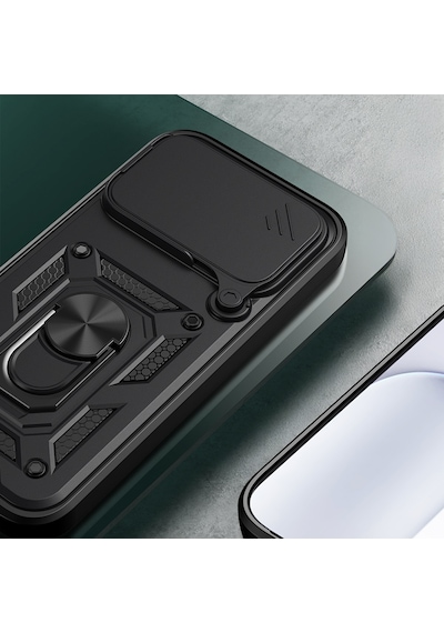 Maks Technology Honor 600 Pro 5g Kılıf Magnetik Standlı Kamera Korumalı Mkst Sürgülü Vega Kapak - Siyah
