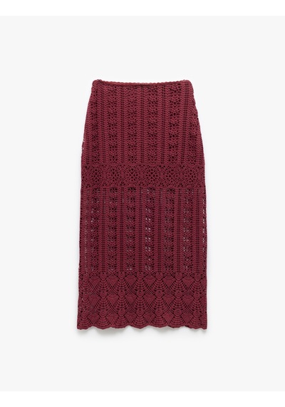 Koton Pamuklu Slim Fit Ajurlu Midi Boy Kroşe Etek Bordo 5sak10340ek Bordo