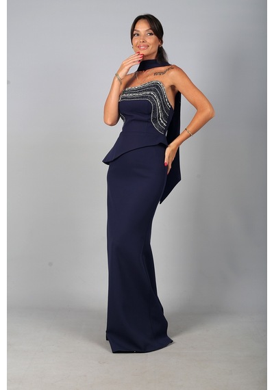 By Saygı Kadın Asimetrik Straplez Yaka Astarlı Önü Taşlı Peplum Detaylı Krep Uzun Elbise Lacivert By Saygı Kadın Asimetrik Straplez Yaka Astarlı Önü Taşlı Peplum Detaylı Krep Uzun Elbise Lacivert