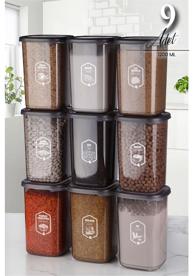 Kitchen Life 9'lu Etiketli Square Kare Erzak Saklama Kabı Seti 1200 ML - Sert Kapaklı Düzenleyici Kavanoz