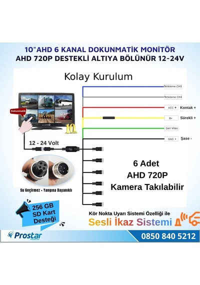 10 İnç 6 Kanal Dokunmatik Ahd 720p Kayıtlı Araç Monitörü 12-24v