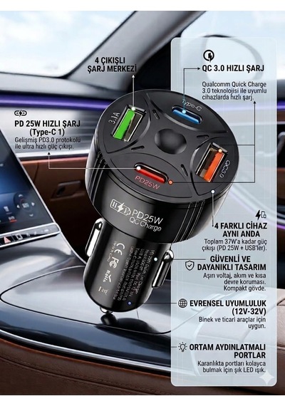 Tr Super Şarj 4 Port Pd25w, Qc3.0, Araç Şarjı Çakmaklık, 2x Usb 2x Type-c, Çoklayıcı, 12-24v, 5v/6a Max
