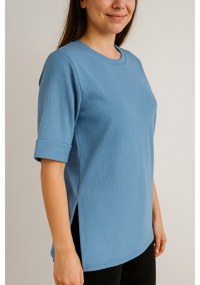 Kadın Oversize Kalıp Bürümcük Kumaş Duble Kol Yandan Yırtmaçlı T-shirt Bluz - T954 Mavi