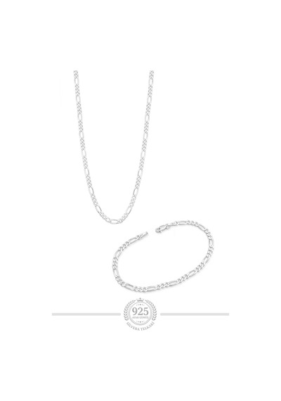 925 Ayar Gümüş Erkek Kolye Ve Bileklik 4 Mm Figaro Zincir Set St421