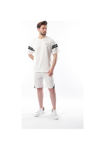 Madmext Ekru Şerit Detaylı Erkek Şort T-shirt Takım E7301