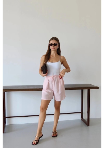 Kazax Müslin Kumaş Şort Bağcıklı Pembe Pt Pembe