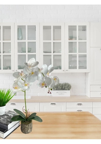 Yapay Çiçek Kütük Saksılı Tekdal Islak Orkide Beyaz 50 30cm Standart