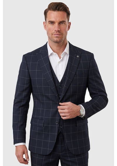 Rizzup Erkek Koyu Lacivert Slim Fit 3 Lü Takım Elbise Yelekli Ekose Desenli Çift Düğme Takım Elbise 2600501