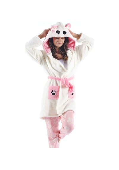 Fushia Panda Wellsoft Sabahlık Nakışlı Kapüşonlu Peluş Ev Giyimi 001