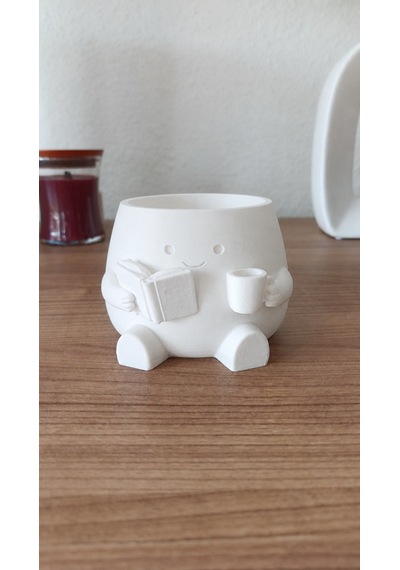 3d Baskı Kitap Okuyan Saksı - Kupa Tutan Sevimli Saksı-beyaz Çok Renkli