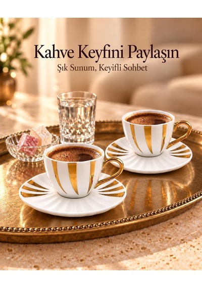Tr İstiridye Serisi 6 Kişilik 12 Parça Türk Kahvesi Fincan Takımı Gold Detaylı Porselen Set Genel