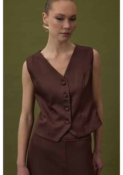 Sateen Klasik Düz Yelek - Kahve-137028 Kahve