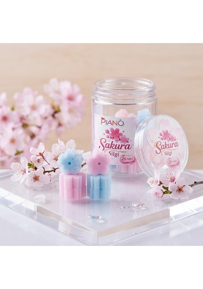 Bakgelal Sakura Çiçeği Tasarımlı Kavanozlu Mini Silgi Seti 26 Adet - Renkli Japon Kiraz Çiçeği Figürlü Kurşun Kalem Silgisi - 9061707701042