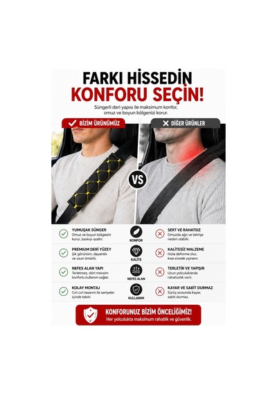 Her Araca Uygun Suni Deri - Süngerli Emniyet Kemer Pedi Siyah-sarı