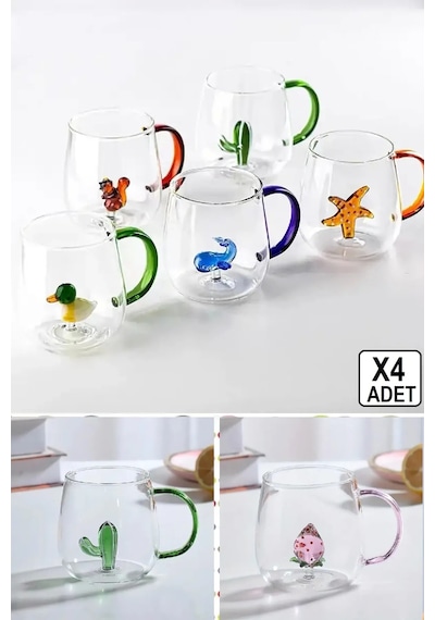 4'lü Figürlü Cam Bardak 3d Kawaii Renkli Kulplu Sunum Fincanı 350ml Sevimli Karikatürler Bardağı Çok Renkli