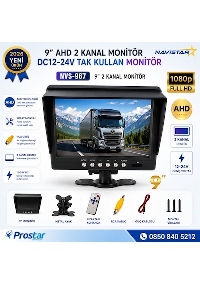 9 İnç Şapkalı 2 Kanal Ahd Rca Sarı Soketli Araç Monitörü 1080p 720p Analog Destekli Dc 12-24v