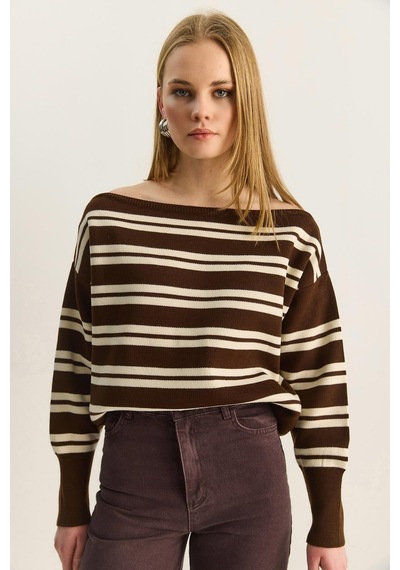 Shade Kadın Kayık Yaka Çizgili Triko Kazak 34105 60283909 - Kahverengi