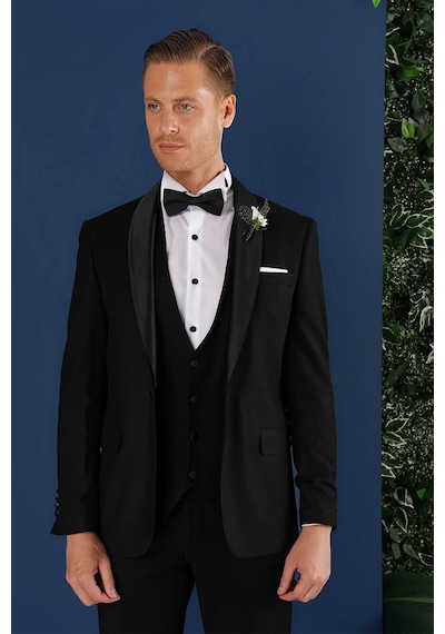 Efor Black 069 Slim Fit Yelekli Çıkarılabilir Saten Yaka Çift Yırtmaçlı Siyah Damatlık Smokin Takım Siyah Efor Black 069 Slim Fit Yelekli Çıkarılabilir Saten Yaka Çift Yırtmaçlı Siyah Damatlık Smokin Takım Siyah