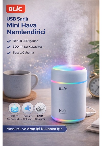 Blic Cm-9s Renkli Işıklı Hava Nemlendirici 300 Ml Usb Şarjlı Mini Masaüstü Nemlendirici