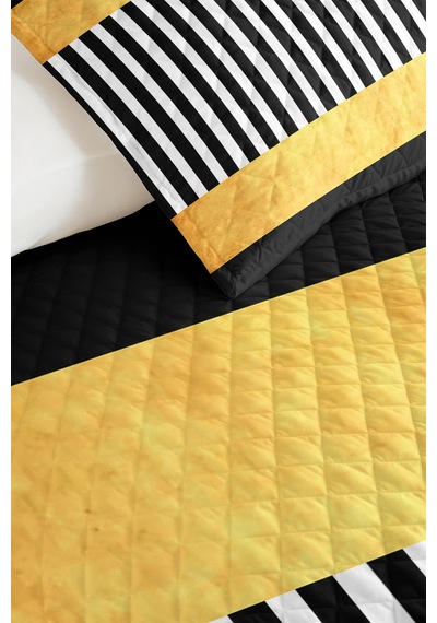 Sarı Siyah Çizgili Genç Odası Tek Kişilik Pike Takımı - Geometrik 160x220 Cm Kapitone Yatak Örtüsü Mumlu Sis Mırıltısı