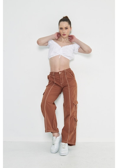 Kutaf Camel Kargo Cepli Dikiş Detaylı Yüksek Bel Wide Leg Pantolon Kahverengi