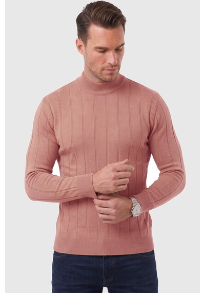 Rizzup Erkek Slim Fit Yarım Balıkçı Yaka Çizgi Dokulu Gülkurusu Triko Kazak 2505503